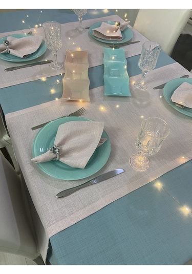 Keten Görünümlü Begonvil Masa Örtüsü Maldiv 6 Kişilik Takım