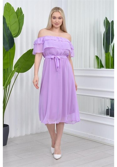 Neşeli Butik Kadın Carmen Yaka Astarlı Şifon Elbise Ry8060 - Lila Lila