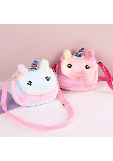 Maoyaya Yeni Yuvarlak Gözlü Tek Boynuzlu At Çocuk Peluş, Renkli Kapaklı Kız Omuz Çantası Mor Lila