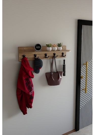 Alpa Ev Mobilya 5 Askılı Raflı Portmanto, Elbise Askılığı, Modern Duvar Organizer Askılık Atlantik Çam