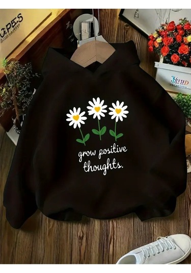 Kışlık Kapüşonlu Sweatshirt, Çocuk Grow Positive Papatya Baskılı SiYAH