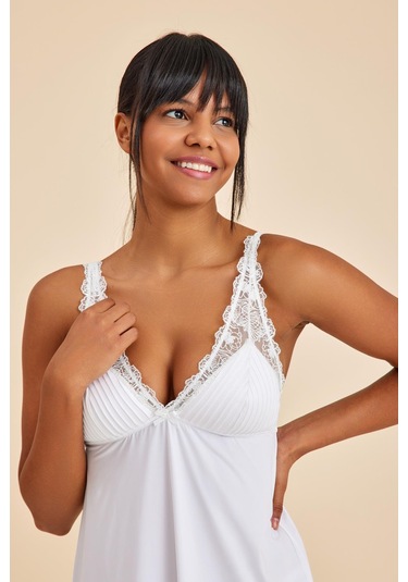 Paris Ekru Dantelli Kumaş Gecelik Ekru