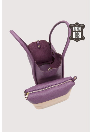 Hakiki Deri Kadın Organizerlı El Çantası Mürdüm Smr9206 Mürdüm