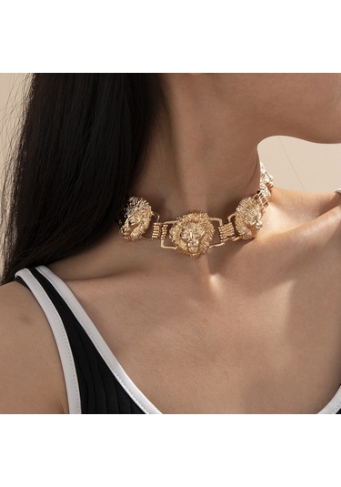 Mücevher Kişiliği Geometrik Punk Hayvan Kolyesi Abartılı Metal Kabartma Aslan Başı Üç Boyutlu Kolye Diğer