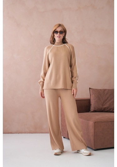 Kadın Dik Yaka Kazak Pantolon İkili Triko Takım Açık Camel