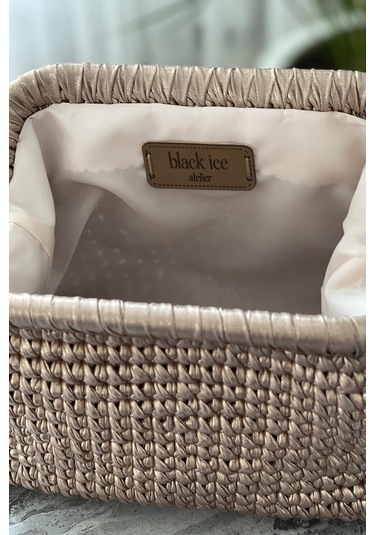 El Yapımı Rose Rengi Metalik Deri Örgü El Çantası Rose