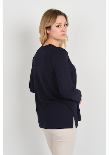 Detay Triko Kadın Önü Taş Süslemeli Yakası Boncuk Detaylı Uzun Kol Anne Bluz 5747 Lacivert Lacivert