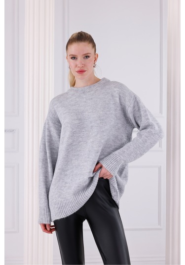 Bisiklet Yaka Oversize Basic Triko Kazak Gri