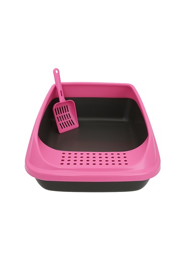 Kürekli Açık Kedi Tuvaleti - Sıçrama Önleyici Yüksek Kenarlı Kedi Kumu Kabı Pembe