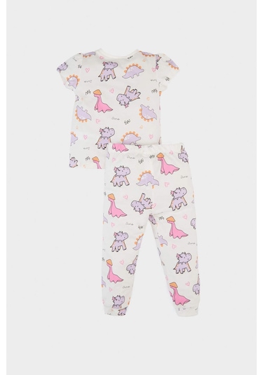 Defacto %100 Pamuklu Dinozor Baskılı Pijama Takımı Kız Bebek E1547A525SM Ekru
