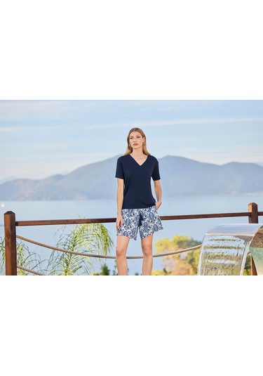 Monamise Kadın Etnik Desenli Kısa Kollu V Yaka Şort Takımı 25112 Lacivert