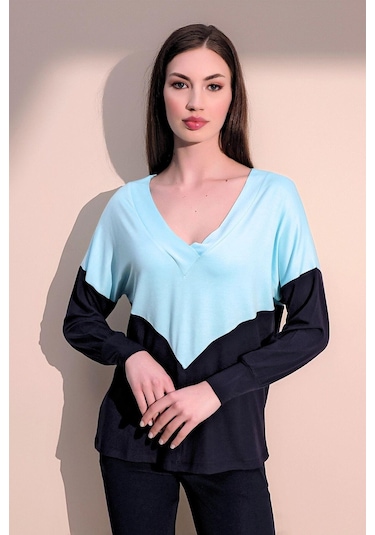 WeShaya Kadın Mint V Yaka Color Block Basic Salaş - Rahat Penye Bluz Mint