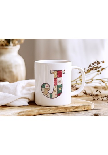 J Harfi Yılbaşı Temalı Kupa Bardak - Yeni Yıl Konsept Yamalı Efekt Tasarım - Noel Hediye Beyaz