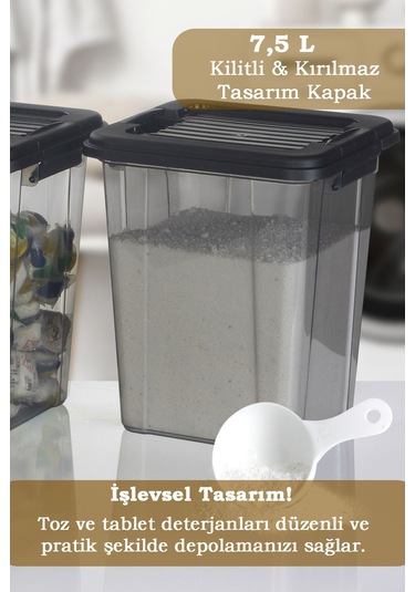 2'li Organizer Box 7,5l Un Bakliyat Erzak Kabı Kilit Kapaklı Düzenleyici Deterjanlık Saklama Kutusu Siyah