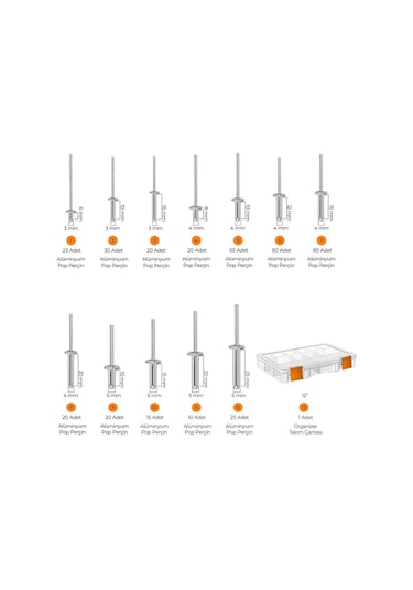 Toko Hobi-4 Alüminyum Pop Perçin Seti 411 Parça 13 Çeşit Organizer Takım Çantalı