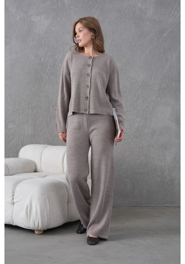 Kadın Bisiklet Yaka Düğme Kapama Kaşkorse Ceket Pantolon İkili Triko Takım K.vizon