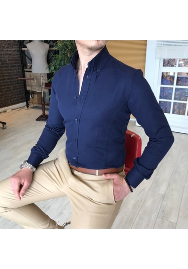 Italyan Stil Slim Fit Dik Yaka Saten Erkek Gömlek Koyu Lacivert T