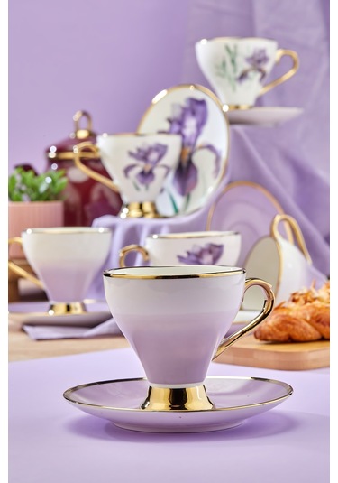 Cooker 6 Lı Lüks Yaldız Porselen Kahve Fincan Takımı Ckr3519 Mor
