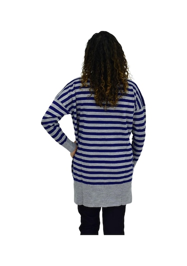 Kadın Çizgili Oversize Kazak Bgl-st04083 Saks Mavi