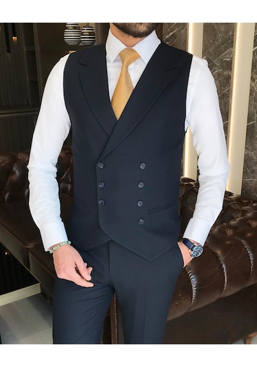 İtalyan stil slim fit erkek ceket yelek pantolon takım elbise lacivert T9134-Lacivert