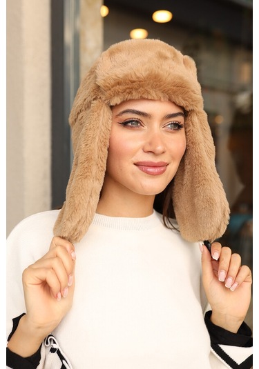 Çıtçıtlı Kürklü Kulaklıklı Peluş Bere Şapka Rkş-03 Camel Camel