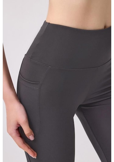 Füme Yüksek Bel Çift Cepli İspanyol Paça Kadın Tayt Füme