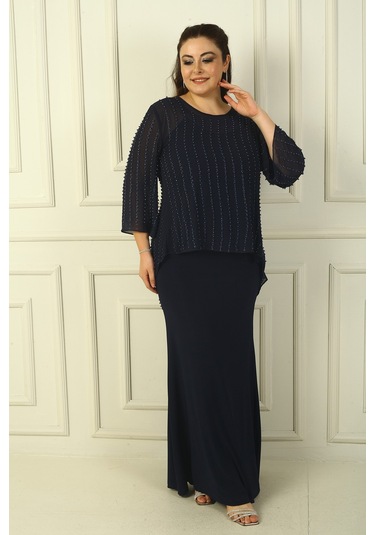 İçi İp Askılı Astarlı Uzun Sandy Elbise Arkası Düğmeli Boncuklu Şifon Bluz Büyük Beden 2'li Takım Lacivert