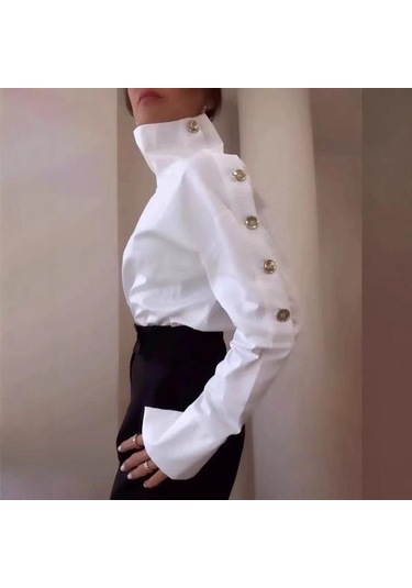 Kadın Gömlek Düğme Eklemeli Balıkçı Yaka Uzun Kollu Rahat Bol Kesim Gömlek Düz Yeşil