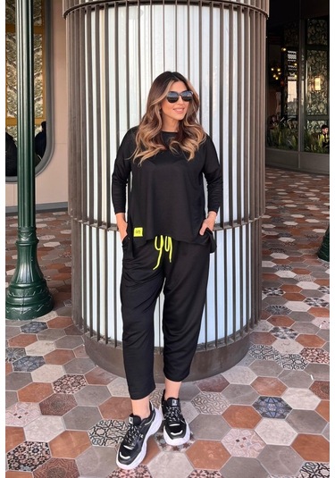 Gülsüm Aydın Kadın Iki Iplik Viskon Pamuk Kumaş Arma Detaylı Ikili Takım Siyah