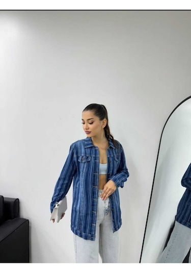 Shevega Kadın Çizgili Mavi Işlemli Boyfriend Kot Ceket Mavi