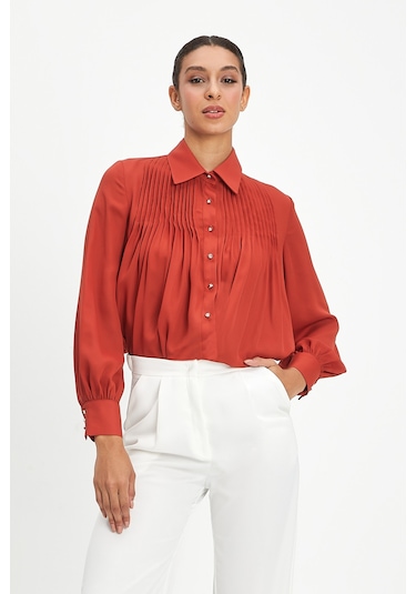 Kadın Pile Detaylı Klasik Gömlek - Taş Düğmeli, Yeşil