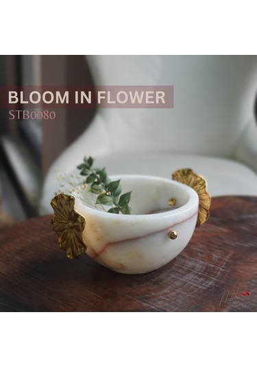 Yaprak Aksanlı Şık Beyaz Mermer Kase Lüks Ev Dekorasyon Merkezi