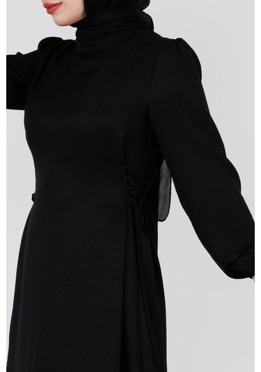 Yanı Bağcıklı Keten Elbise-siyah-3364-beyaz Beyaz