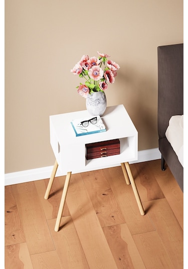İntergo Ahşap Ayaklı Dekoratif Raflı Komodin Beyaz