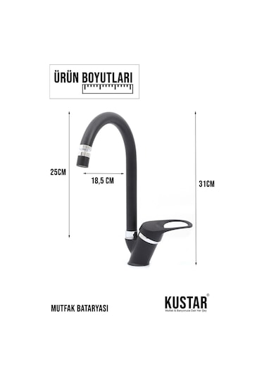Kustar Mix 3'lü Banyo + Duş + Mutfak + Lavabo Eviye Batarya Seti Siyah