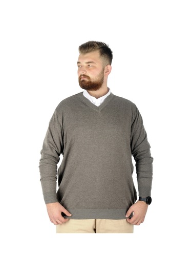 Mode Xl Büyük Beden Kazak V Yaka 22206 Sütlü Kahve 001