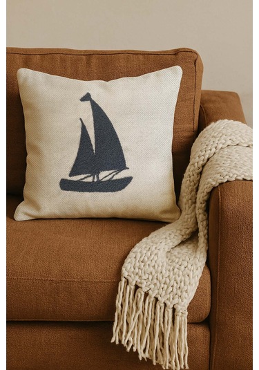 Lacivert Yelkenli Hasır Görünümlü Dokuma Punch Kırlent Kılıfı Ekru