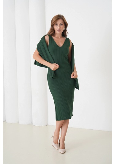 Kadın Bisiklet Yaka Dokulu Kazak Elbise İkili Triko Takım