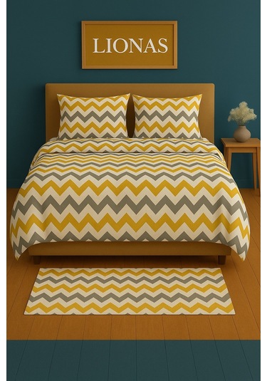 Çift Kişilik Desenli Nevresim + 2 Adet Kapaklı Yastık Kılıfı Sarı