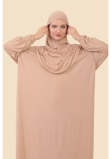 Tek Parça Tesettür Namaz Elbisesi Tak Çıkar Başörtülü Organik Pamuklu Lastikli Kolu Kaymaz Penye Bej