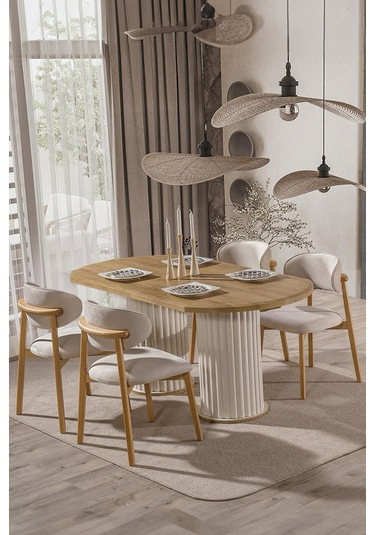 İris İskandinav Ahşap Masa Sandalye Takımı 80x190 Krem