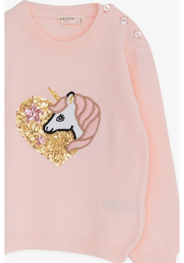Breeze Kız Çocuk Triko Kazak Pullu Unicorn Baskılı 1.5-5 Yaş, Pudra