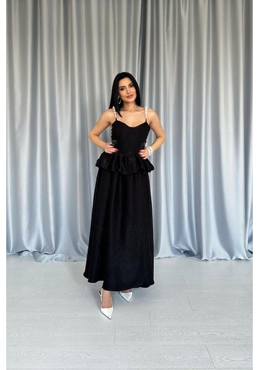 Siyah Beli Büzgülü İnci Askılı Uzun Elbise Siyah