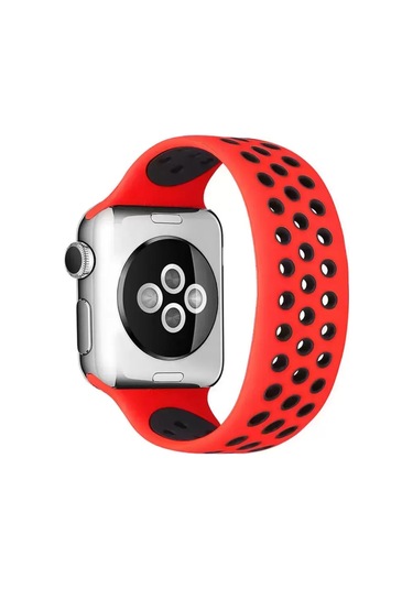 Newface Apple Watch Uyumlu 38mm Ayarlı Delikli Silikon Kordon - Kırmızı-siyah