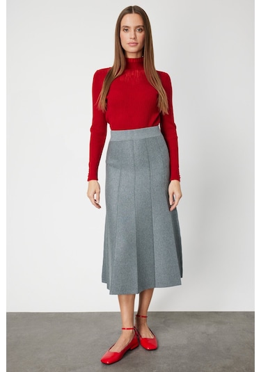 On Kadın Pileli Midi Triko Etek 65210 Gri Gri