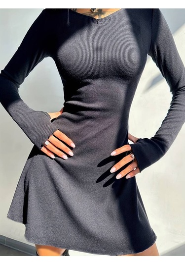 Kadın Uzun Kollu Bisiklet Yaka Kısa Kaşkorse Elbise Siyah