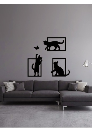 3 Parça Dekoratif Kedi Ve Kelebek Temalı Duvar Dekoru - Modern Tasarım
