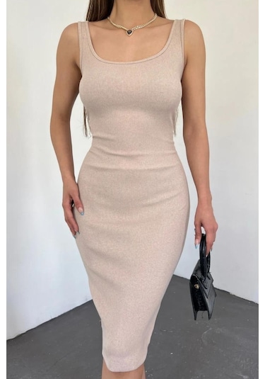 Kadın Taş Rengi Kalın Askılı Kare Yaka Kolsuz Kısa Elbise