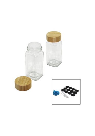 12 Pcs Takım Kare Cam Baharatlık - Tuzluk Bambu Kapaklı 5365 Çok Renkli