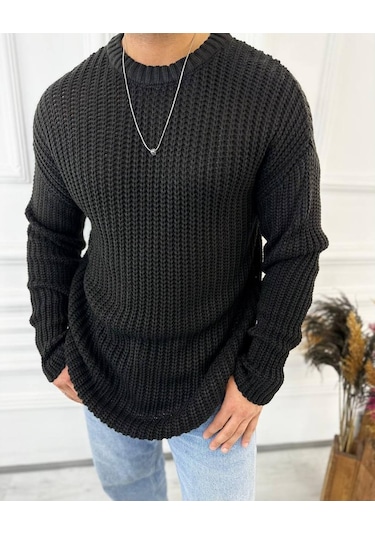 Kazak Oversize Çift Kat Zincir Örgü Naturel Pamuk Bol Kesim Tüylenmez Triko Kazak Siyah